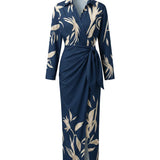 Leaf Print Wrap Maxi Dress