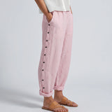 Striped Side Button Straight Leg Trousers